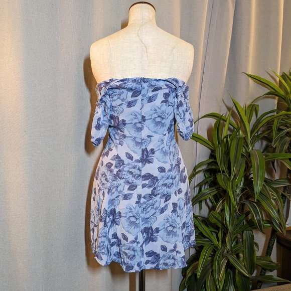 Reformation Blue Floral Off Shoulder Kaia Mini Dress Size 4 - Picture 5 of 10